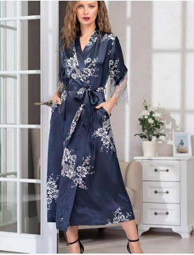 Халат-кимоно шелковый длинный Mia-Amore ALEXANDRIA 3579, Цвет: темно-синий, Размеры: L/XL
