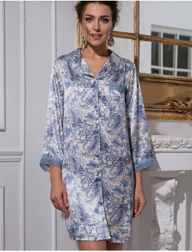 Шелковая ночная рубашка на пуговицах Mia-Amore DOLCE VITA 5917, Цвет: бело-голубой, Размеры: M