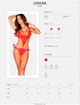 Эротическое боди Obsessive LOVLEA TEDDY, Цвет: красный, Размеры: L/XL, изображение 5