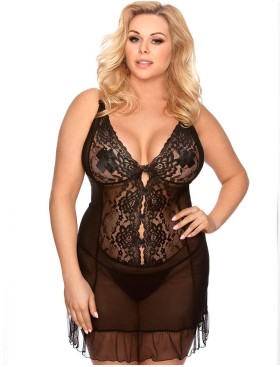Прозрачная сорочка с кружевом Gorgeous plus size VELA, Цвет: черный, Размеры: XL/2XL