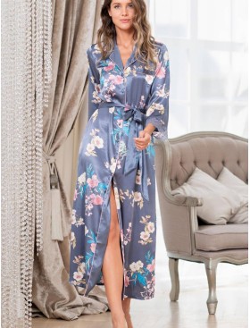 Длинный шелковый халат на пуговицах Mia-Amore HENRIETTA 3769, Цвет: жемчужно-серый, Размеры: M