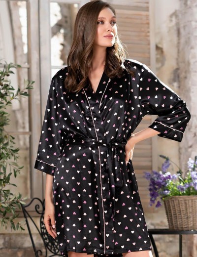 Короткий атласный халат Mia-Mella JULIA HEARTS 7073 черный, Цвет: черный, Размеры: L/XL, изображение 3