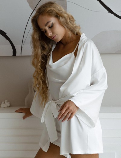 Короткий шелковый халат 5senses 7238 белый, Цвет: белый, Размеры: XS/S/M/L, изображение 4