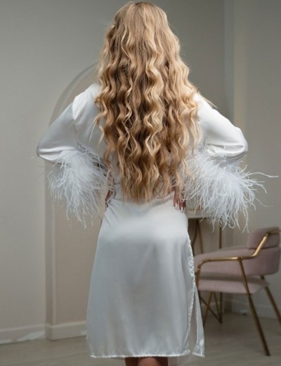 Шелковый халат с перьями 5senses 7208 белый, Цвет: белый, Размеры: XL/2XL, изображение 3