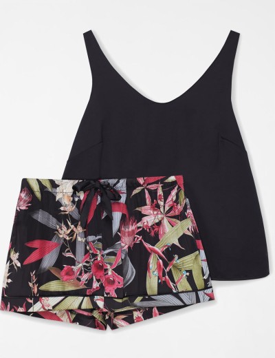 Атласный комплект с шортами Esotiq WILDFLOWER 39806, Цвет: черный+розовый, Размеры: S, изображение 4