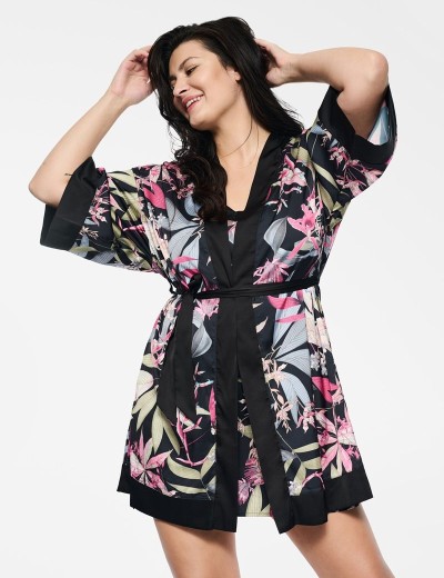 Атласный халат-кимоно Esotiq WILDFLOWER 39807, Цвет: черный+розовый, Размеры: M, изображение 2