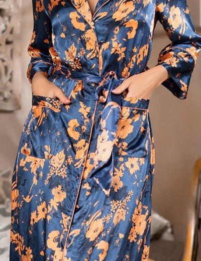 Длинный шелковый халат на пуговицах Mia-Amore QIARA 3829, Цвет: синий, Размеры: M, изображение 6