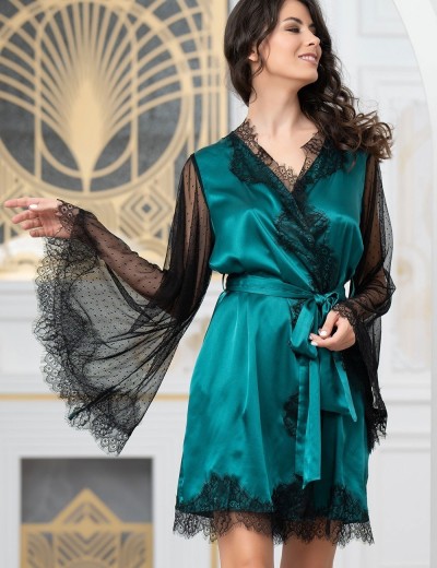 Халат из натурального шелка с кружевом Mia-Amore WINDSOR 3883 изумруд, Цвет: изумруд, Размеры: S/M, изображение 3