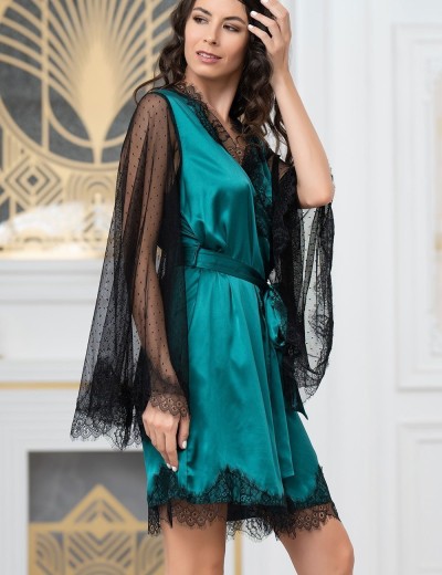 Халат из натурального шелка с кружевом Mia-Amore WINDSOR 3883 изумруд, Цвет: изумруд, Размеры: S/M, изображение 4
