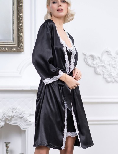 Атласный халат-кимоно Mia-Mella JULIA 8733 черно-белый, Цвет: черно-белый, Размеры: L/XL, изображение 3