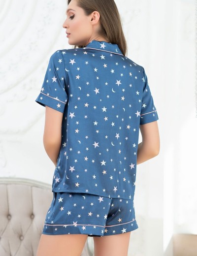 Атласная пижама с шортами Mia-Mella STARS 7072 синий, Цвет: синий, Размеры: 3XL, изображение 2