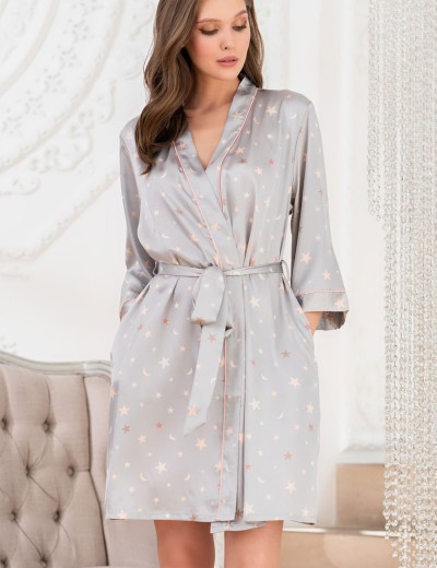 Короткий атласный халат с принтом Mia-Mella STARS 7073 серый, Цвет: серый, Размеры: L/XL, изображение 4