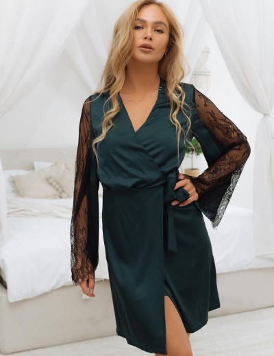 Шелковый халат с кружевными рукавами 5senses 7138, Цвет: зеленый, Размеры: M, изображение 3