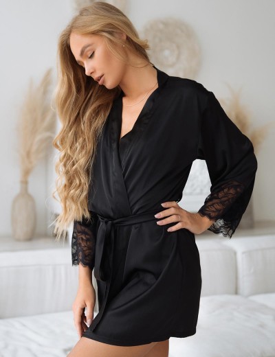 Черный шелковый халат 5senses 7247, Цвет: черный, Размеры: XS/S, изображение 3