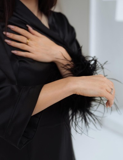 Короткий шелковый халат с перьями 5senses 7241, Цвет: черный, Размеры: XS/S/M/L, изображение 3