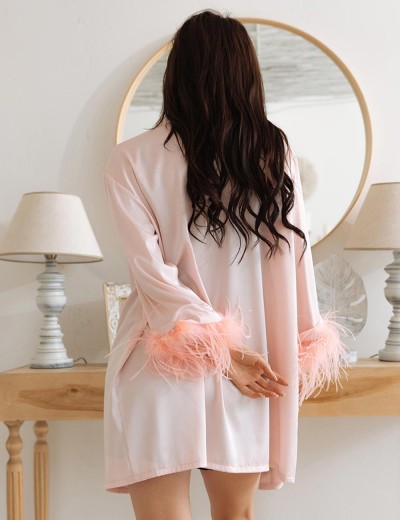 Короткий шелковый халат с перьями 5senses 7242, Цвет: розовый, Размеры: XS/S/M/L, изображение 2