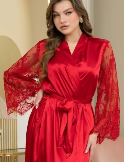 Длинный атласный халат пеньюар Mia-Amore ESTER 7299 красный, Цвет: красный, Размеры: S/M, изображение 3