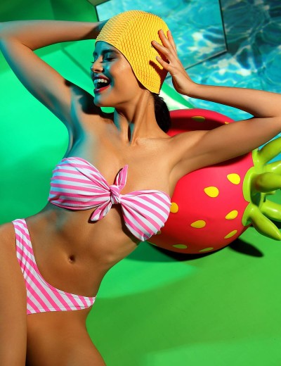 Полосатый купальник бандо Lorin L2425/2, Цвет: бело-розовый, Размеры: L, изображение 3