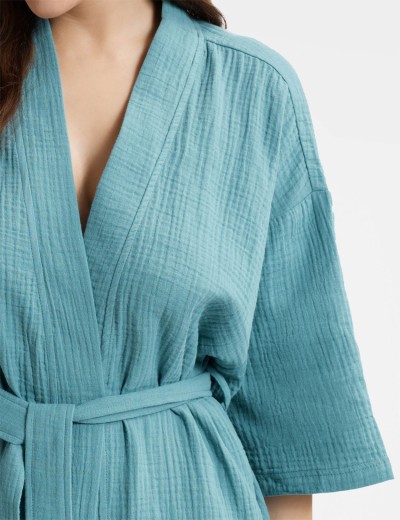 Халат кимоно из хлопкового муслина Esotiq LOONY 40634, Цвет: морская волна, Размеры: M, изображение 3