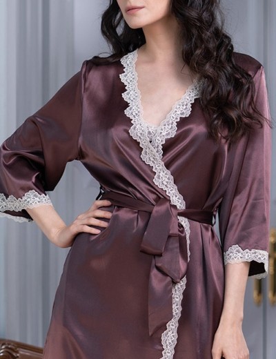 Атласный халат-кимоно Mia-Mella JULIA 8733 шоколадный, Цвет: шоколадный, Размеры: 2XL/3XL, изображение 4