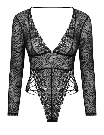 Кружевное боди с длинными рукавами Obsessive MERLYS TEDDY, Цвет: черный, Размеры: XS/S, изображение 3