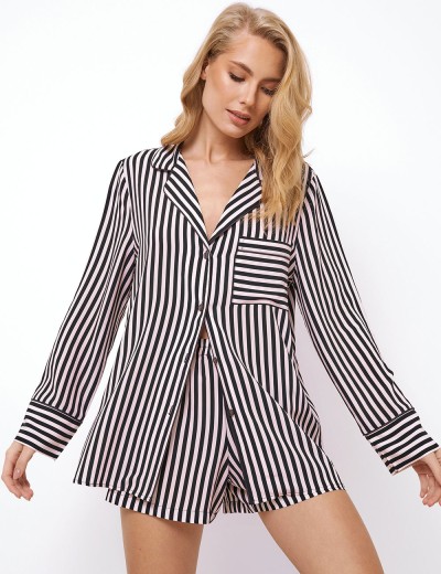 Полосатая пижама с шортами из вискозы Aruelle BRITTANY, Цвет: черный/розовый, Размеры: XL, изображение 3