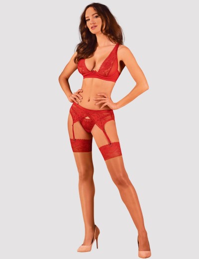 Чулочки под пояс Obsessive LACELOVE STOCKINGS, Цвет: красный, Размеры: M/L, изображение 3