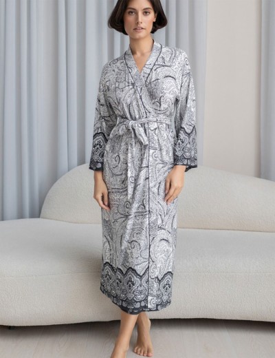 Длинный трикотажный халат Mia-Amore LUCIA 1919, Цвет: молочный+узор, Размеры: 4XL/5XL, изображение 3