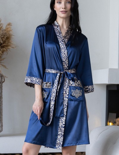 Халат классический атласный Mia-Mella VISANTIA 9333, Цвет: темно-синий, Размеры: L/XL, изображение 4