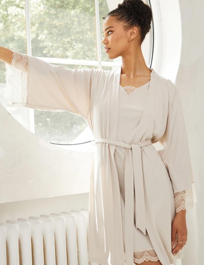 Трикотажный халат с запахом Aruelle EVELYN, Цвет: светло-бежевый, Размеры: S, изображение 3