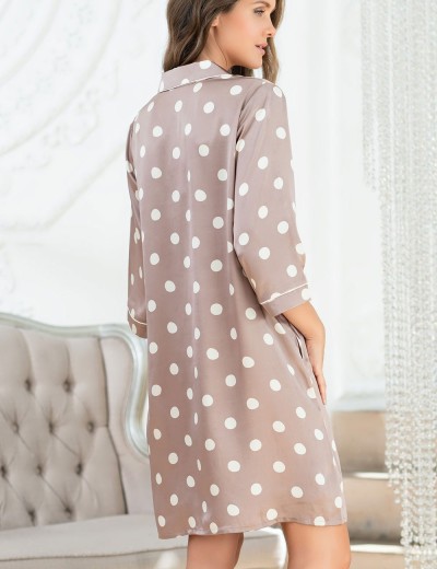 Удлиненная атласная рубашка в горох Mia-Mella JULIA PRINT 7077 кофейный, Цвет: кофейный горошек, Размеры: L, изображение 2