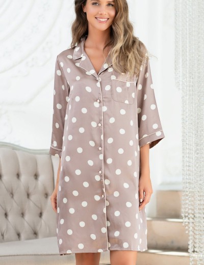 Удлиненная атласная рубашка в горох Mia-Mella JULIA PRINT 7077 кофейный, Цвет: кофейный горошек, Размеры: L, изображение 3