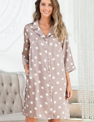 Удлиненная атласная рубашка в горох Mia-Mella JULIA PRINT 7077 кофейный, Цвет: кофейный горошек, Размеры: L, изображение 4