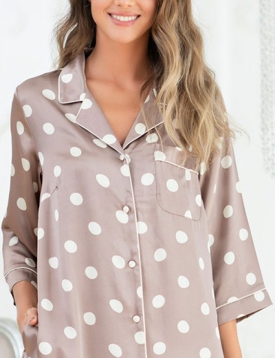 Удлиненная атласная рубашка в горох Mia-Mella JULIA PRINT 7077 кофейный, Цвет: кофейный горошек, Размеры: L, изображение 5