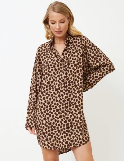 Леопардовая рубашка из вискозы Aruelle SUSAN, Цвет: кофейный, Размеры: S, изображение 3