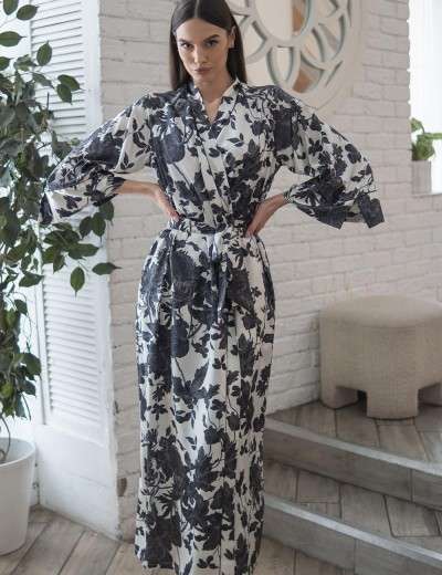 Шёлковый длинный халат Mia-Amore GLADIS 4119, Цвет: черно-белый, Размеры: 4XL/5XL, изображение 3