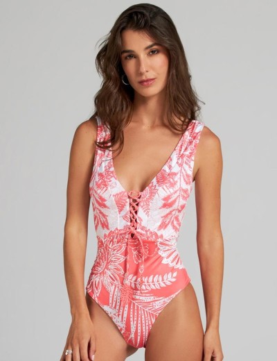 Цветной купальник со шнуровкой Cosita Linda 25039M GLAMOROUS LEAVES, Цвет: розовый, Размеры: S