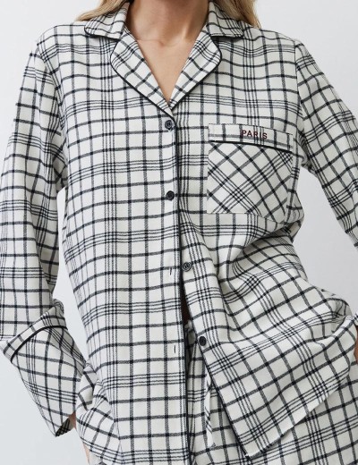 Пижама в клетку с брюками Aruelle TERRA, Цвет: светло-бежевый/чёрны, Размеры: XS, изображение 4