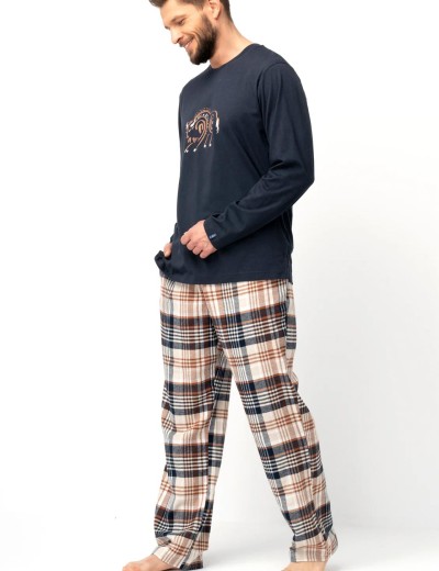 Пижама мужская с фланелевыми штанами Key MNS 444, Цвет: тёмно-синий/бежевый, Размеры: 2XL, изображение 2