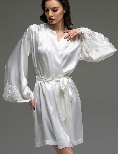Короткий шёлковый халат Mia-Amore LILIROSE 4593 белый, Цвет: белый, Размеры: 2XL/3XL, изображение 3