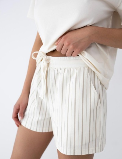 Хлопковая пижама с полосатыми шортами Sensis JEMMA, Цвет: экрю, Размеры: M, изображение 3