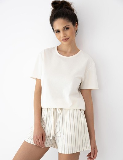 Хлопковая пижама с полосатыми шортами Sensis JEMMA, Цвет: экрю, Размеры: M, изображение 4