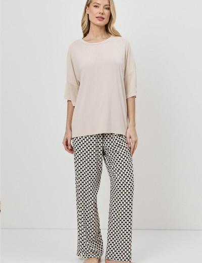 Пижама с брюками из вискозы Aruelle VEDA, Цвет: песочный/чёрный, Размеры: XS, изображение 2