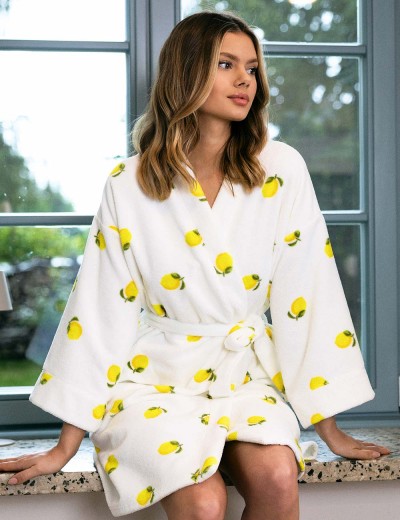 Банный халат из хлопка Sensis LEMONS, Цвет: белый, Размеры: L/XL, изображение 2