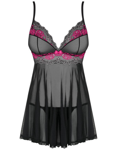 Сорочка бэби-долл с трусиками Obsessive TULIA BABYDOLL, Цвет: черный/розовый, Размеры: L/XL, изображение 3