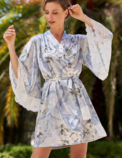 Шелковый халат-кимоно Mia-Amore NOVELLA 3603, Цвет: голубой микс, Размеры: 2XL/3XL, изображение 3