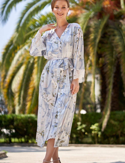 Шелковый халат на пуговицах Mia-Amore NOVELLA 3609, Цвет: голубой микс, Размеры: XL, изображение 3