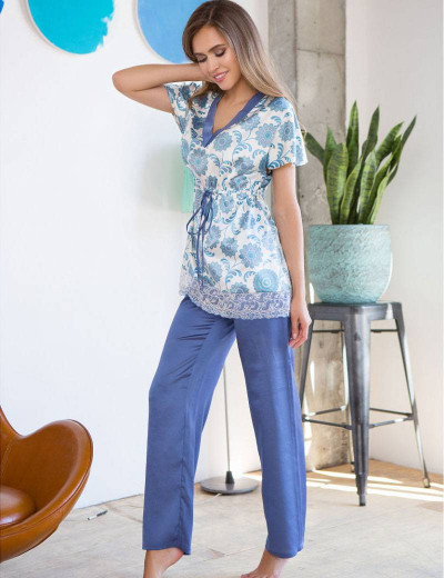 Комплект атласный с брюками Mia-Mia JULIE 17546, Цвет: голубой на белом, Размеры: M, изображение 3
