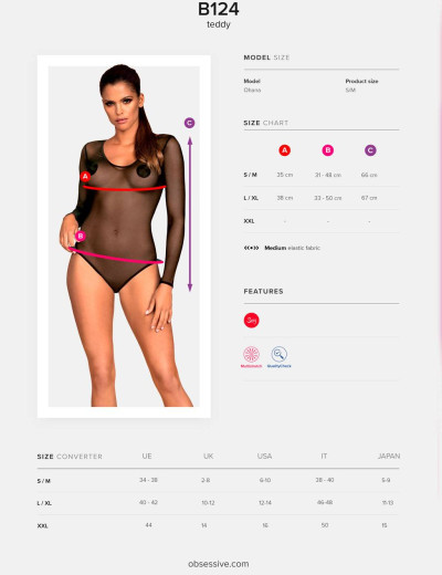 Эротическое боди Obsessive B124 TEDDY, Цвет: черный, Размеры: S/M, изображение 5