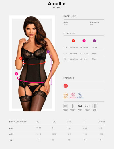 Корсет с трусиками Obsessive AMALLIE CORSET, Цвет: черный, Размеры: S/M, изображение 6